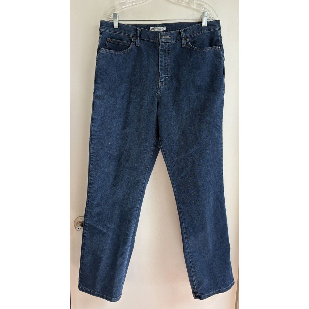 Lee Relaxed Fit Straight Leg Jeans 14 Dark Indigo Blue Wash Stretch Mom Norm EUC